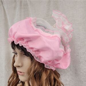 Vintage Bonnet Satin Sleep Cap Pink and White